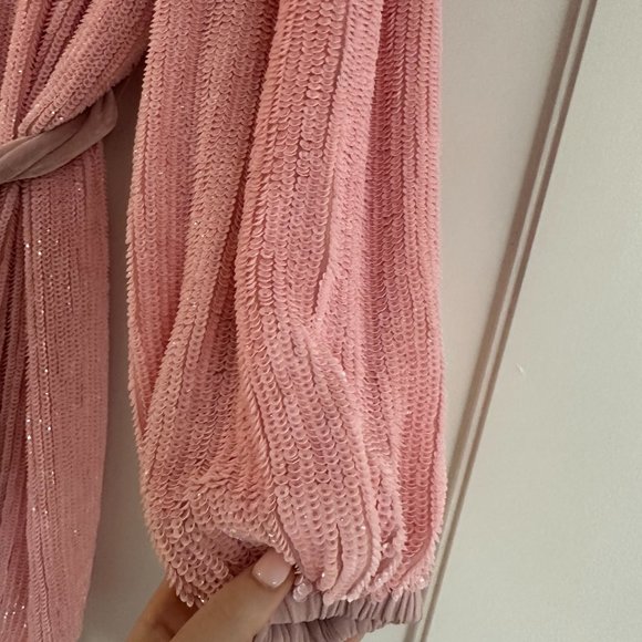 Retrofete Gabrielle Sequin Robe Wrap Mini Dress Sz XS Dusty Rose Blouson Sleeves - Picture 4 of 15